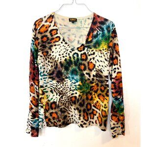 Ubu Mixed Animal Print V-Neck Top Blouse Large Safari Cheetah Leopard